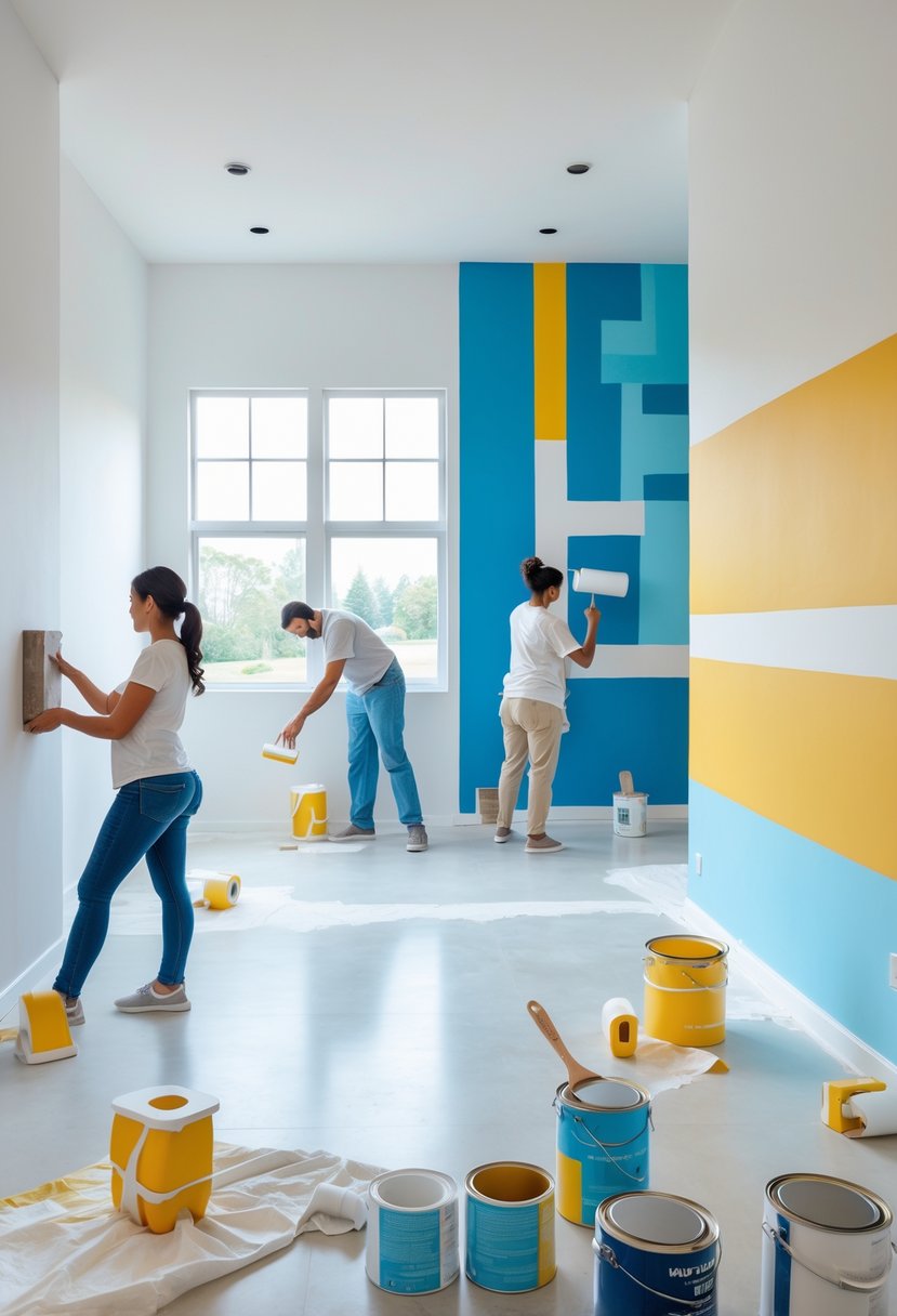A person sanding a wall, another applying primer, and a third painting creative patterns on walls in a bright room with painting tools arranged nearby.