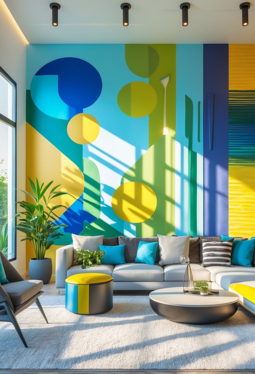 A modern living room with colorful and creative painted walls featuring abstract shapes, stripes, and textured patterns, furnished with a sofa, coffee table, and plants.