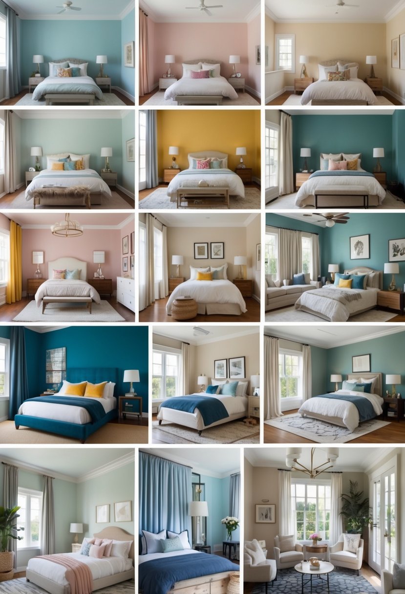 A collage of 13 different bedrooms, each with a unique color scheme and decor.