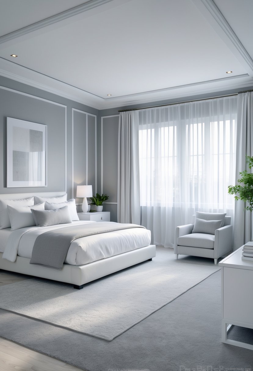 A spacious bedroom with a large bed, soft gray and white walls, sheer curtains, modern furniture, and natural light creating a calm atmosphere.