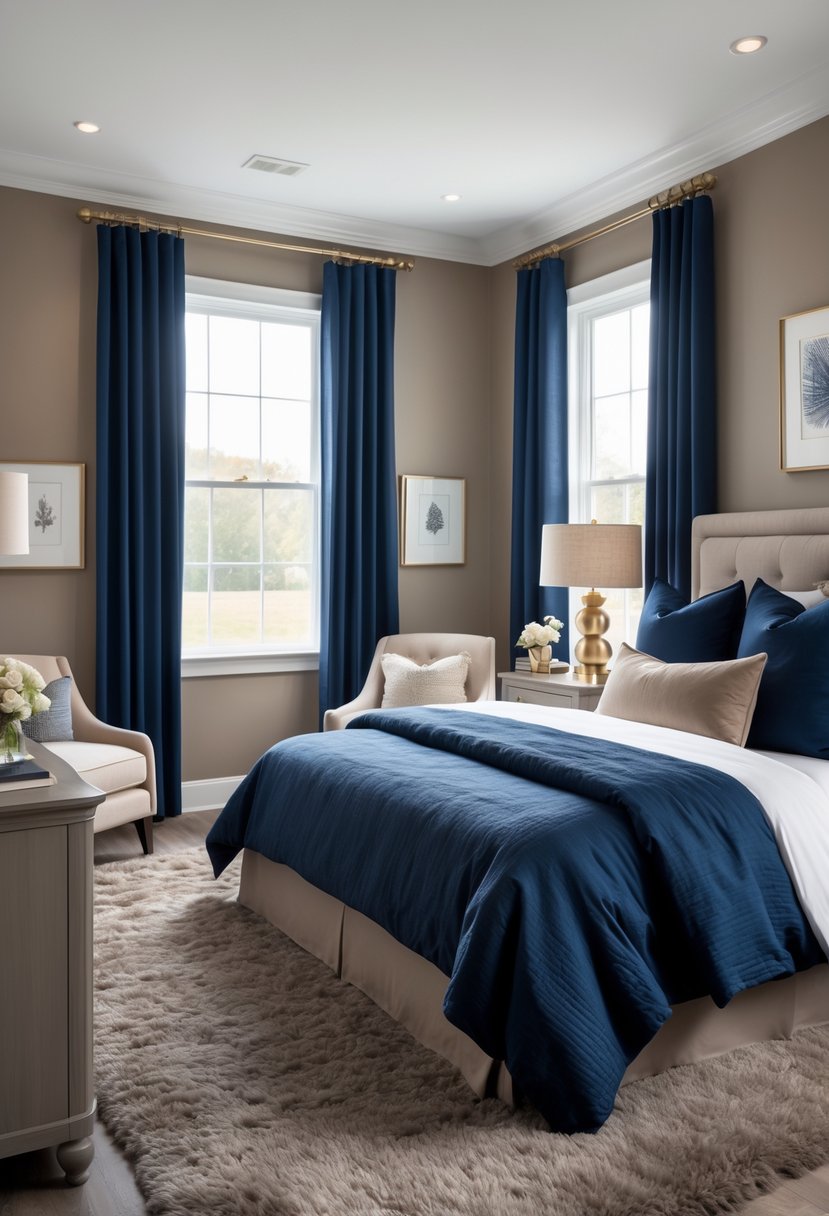 A bedroom with a large bed featuring navy blue bedding and taupe pillows, taupe walls, navy curtains, wooden furniture, and warm natural light.