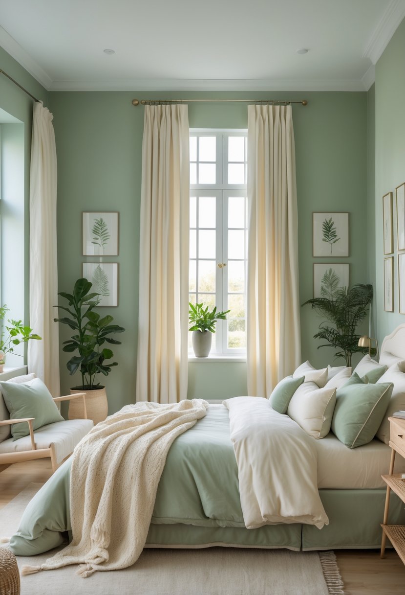 A bedroom with sage green walls, cream bedding, wooden furniture, and natural light coming through a window.
