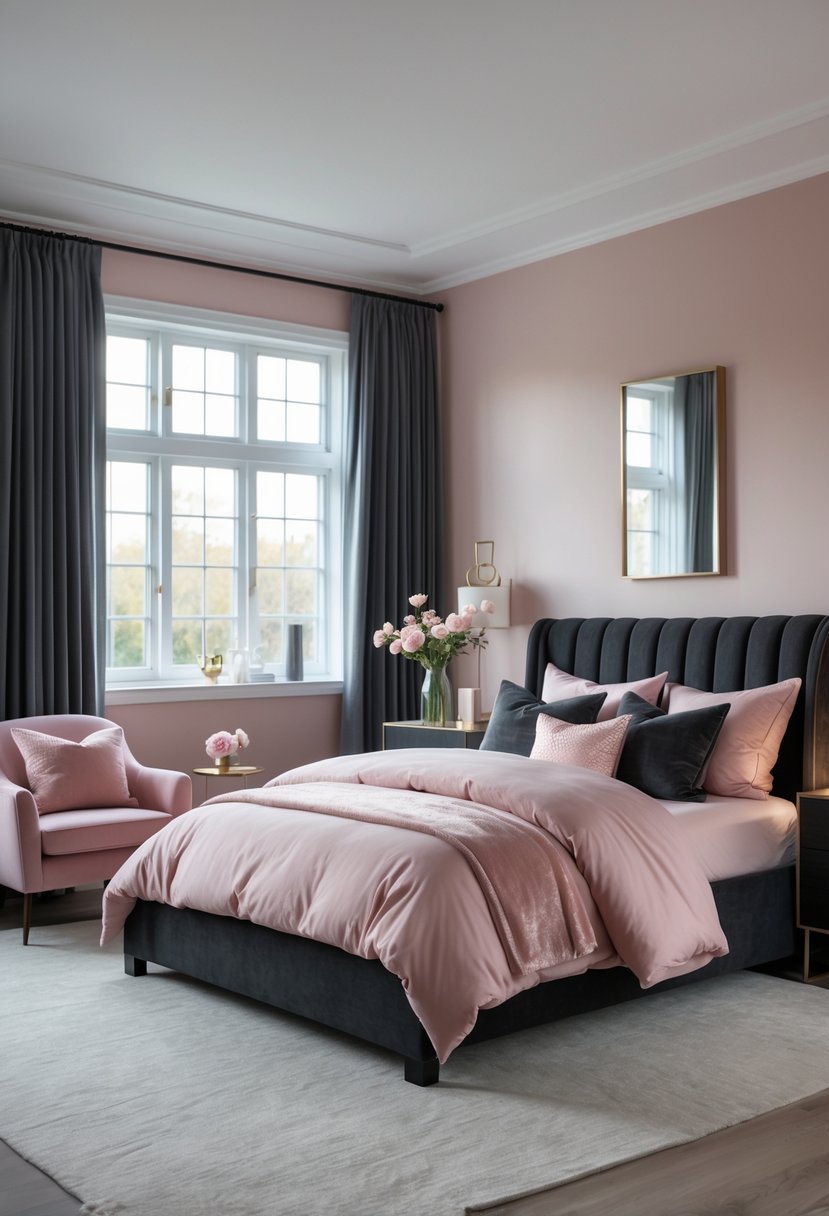 A modern bedroom with a bed dressed in blush pink and charcoal bedding, large windows with dark curtains, and elegant furniture creating a warm and inviting atmosphere.