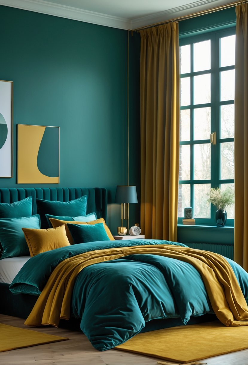 A bedroom with deep teal walls and mustard-colored bedding, curtains, and decor, featuring a bed, bedside table, and natural light from windows.