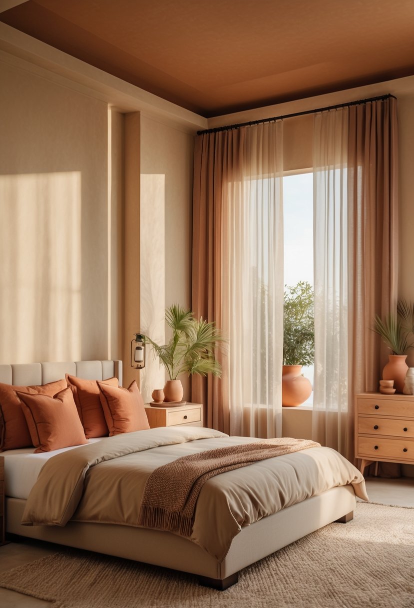 A bedroom with a large bed, beige walls, terracotta accents, wooden furniture, and plants.