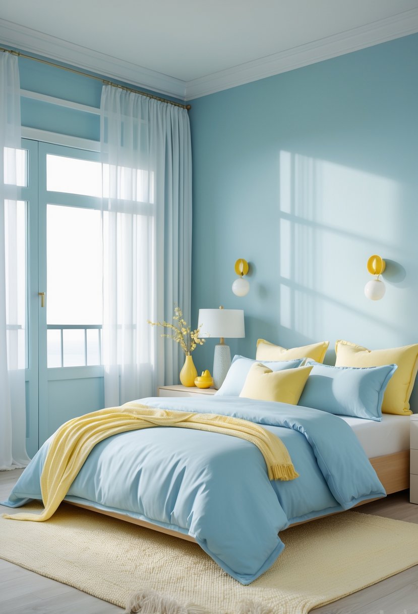 A bright bedroom with powder blue walls, a bed with blue bedding and yellow pillows, natural light coming through large windows, and soft yellow decorative accents.