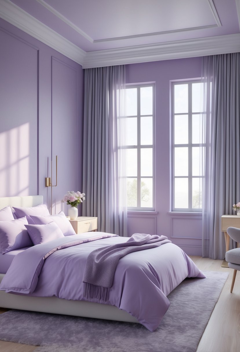 A spacious bedroom with muted lavender walls and pale gray bedding, featuring a neatly made bed, natural light from large windows, and minimalist furniture.