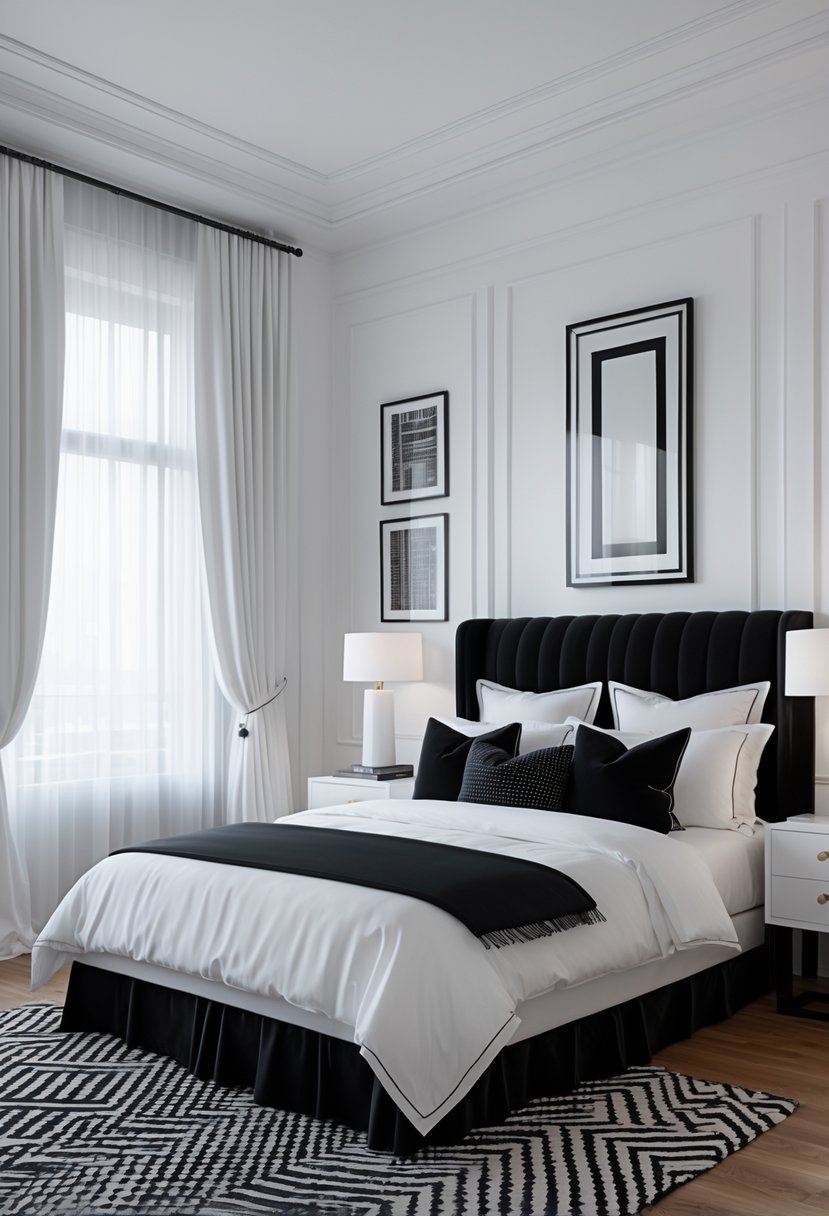 A spacious bedroom with a bed, bedside tables, lamps, framed artwork, and curtains, all arranged neatly in a well-lit room.