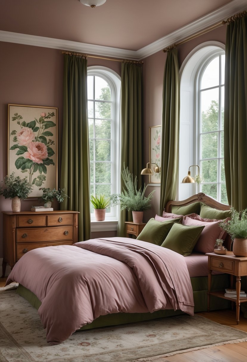 A bedroom with a bed dressed in dusty rose bedding and olive green pillows, olive green curtains, wooden furniture, and natural light coming through the windows.