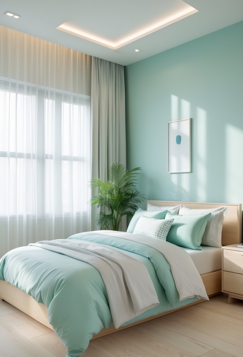 A bright bedroom with cool mint walls, light wood furniture, a neatly made bed, and a potted plant by the window.