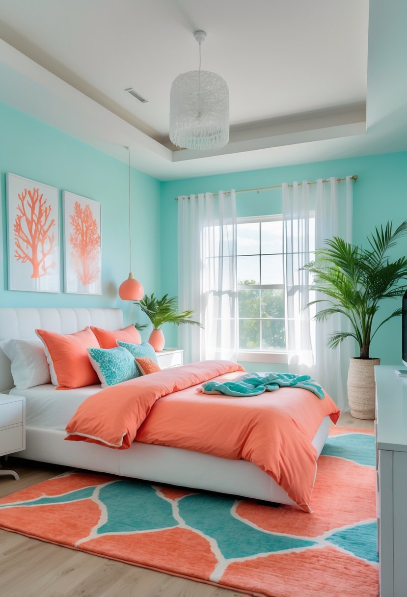 A bright bedroom with a large bed featuring coral bedding and aqua pillows, light hardwood floors, large windows, and green plants.