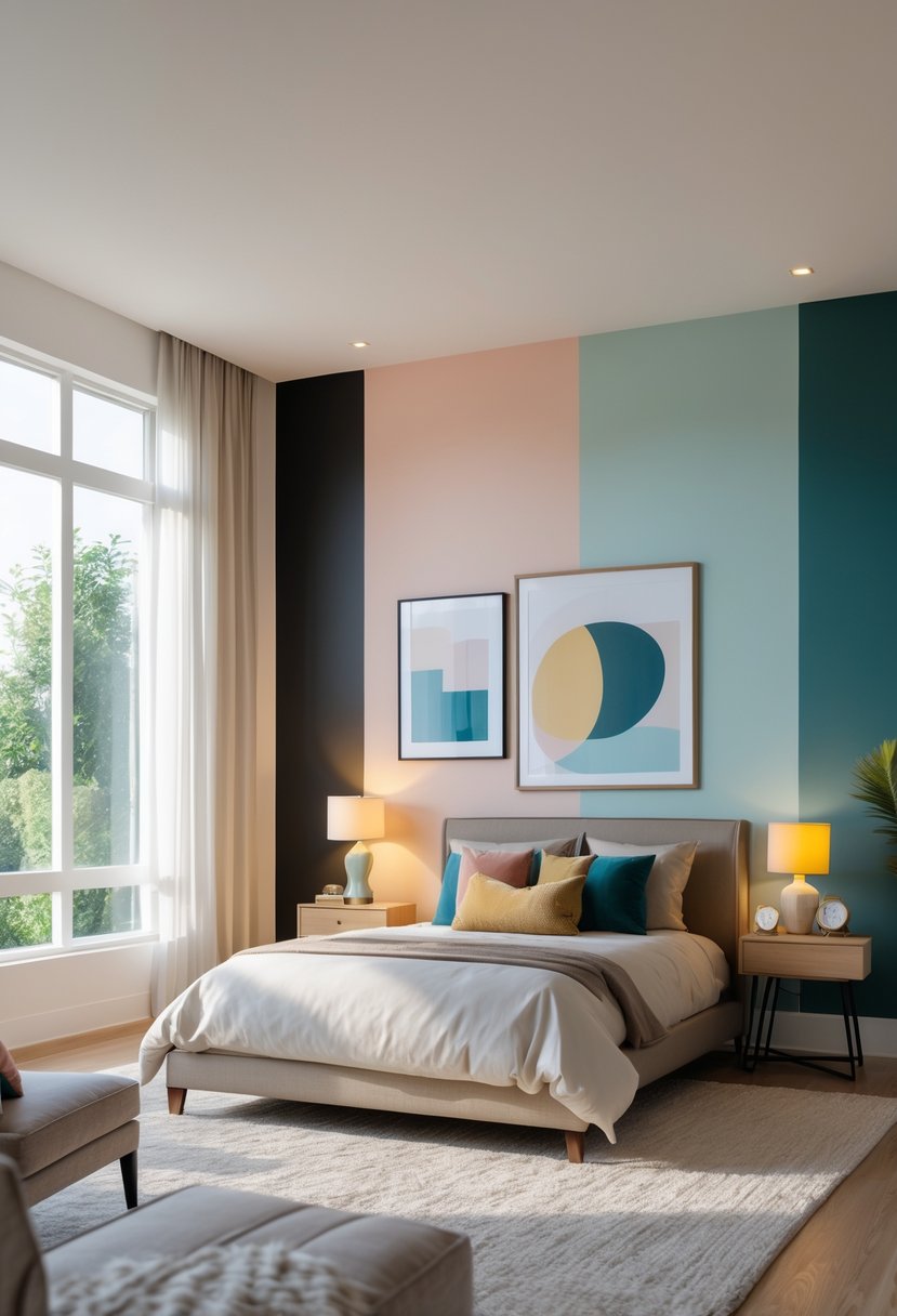 A bedroom with natural and warm lighting showing different wall colors and decor that illustrate how room size and lighting influence bedroom color choices.