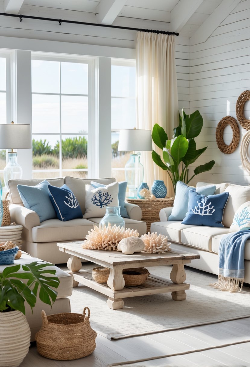 Bright living room with white walls, blue and beige sofas, wooden coffee table, coastal decorations, and large windows letting in sunlight.