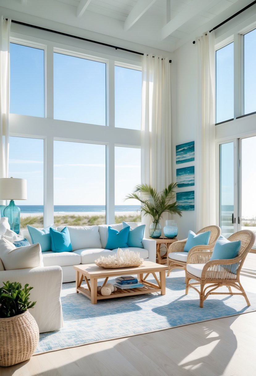 A bright living room with white sofas, blue pillows, wooden furniture, and ocean view through large windows.