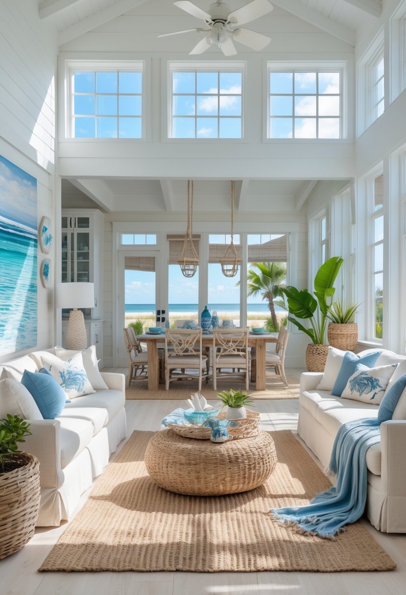 Bright and airy beach house interior with light wood floors, blue and beige accents, comfortable seating, coastal decorations, and a dining area in the background.