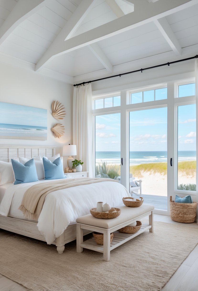 A bright bedroom with a large bed, white linens, blue and beige pillows, wooden furniture, and windows showing a beach view.