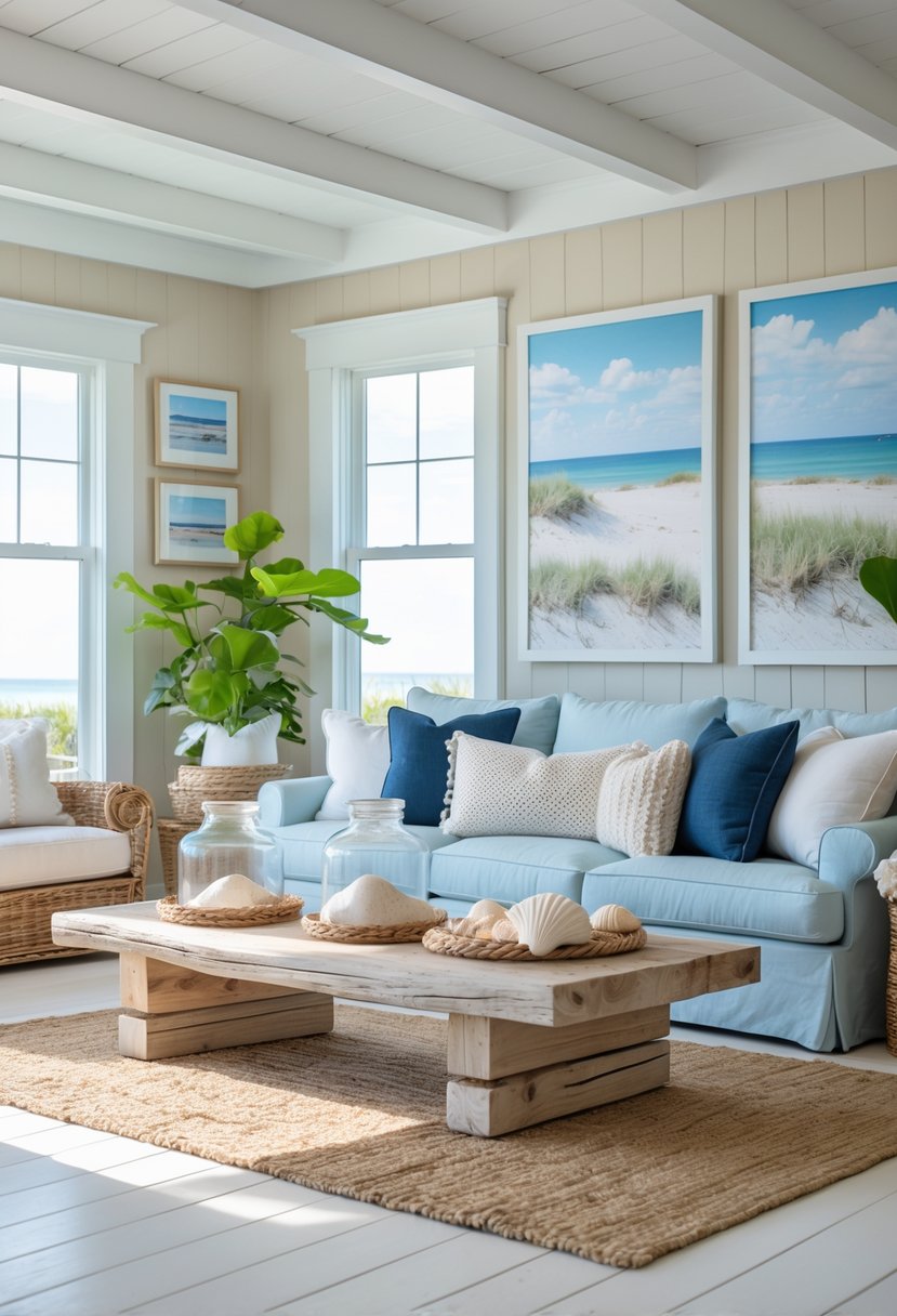 A bright living room with a light blue sofa, driftwood coffee table, woven rug, coastal decorations, and large windows letting in sunlight.