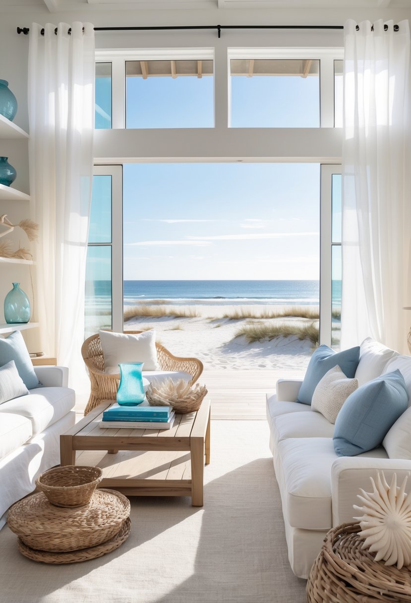 A bright living room with a white sofa, wooden furniture, and a large window showing a sunny beach outside.