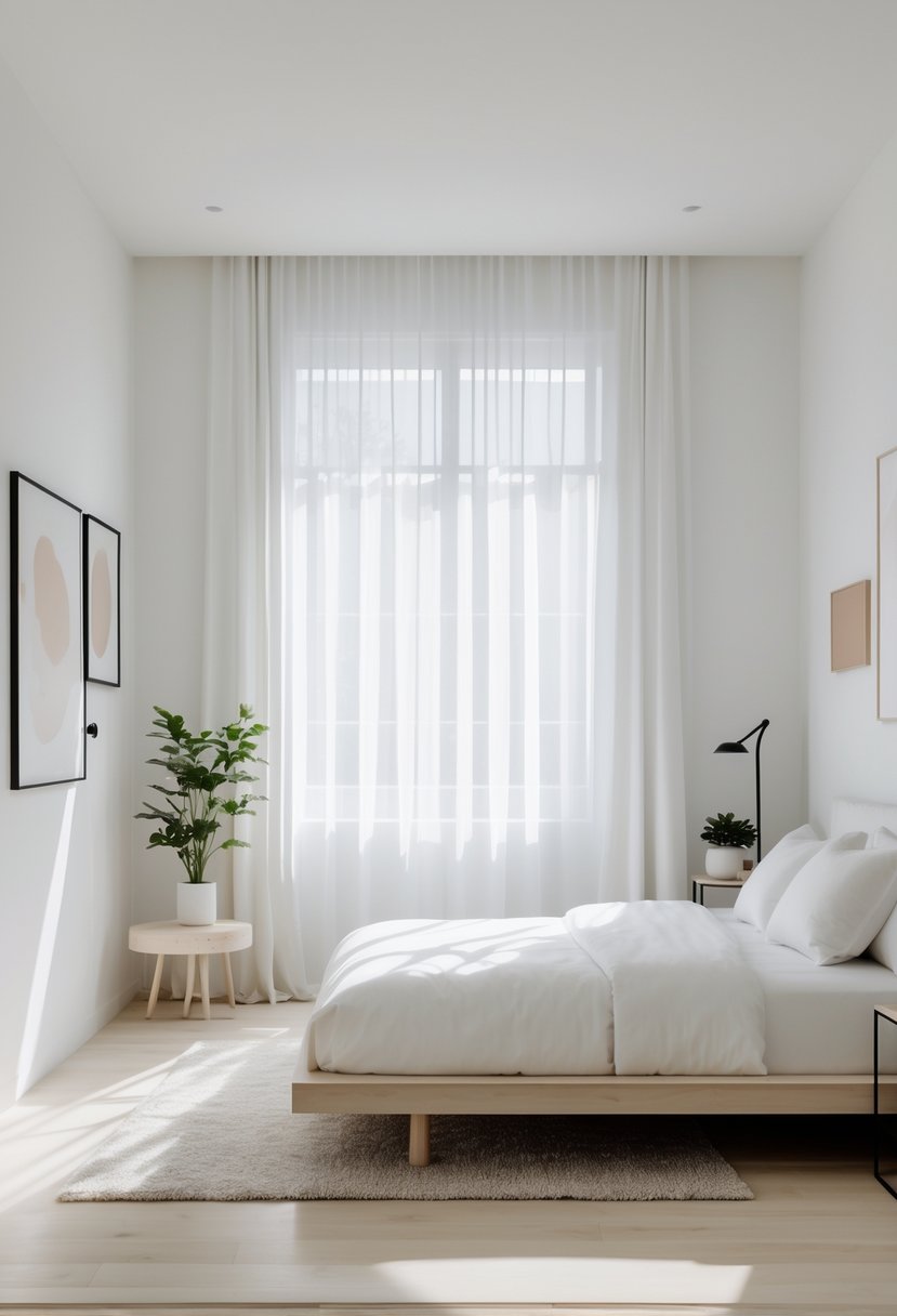 A clean and simple bedroom with a bed, bedside table, lamp, plant, window with curtains, and hardwood floor.