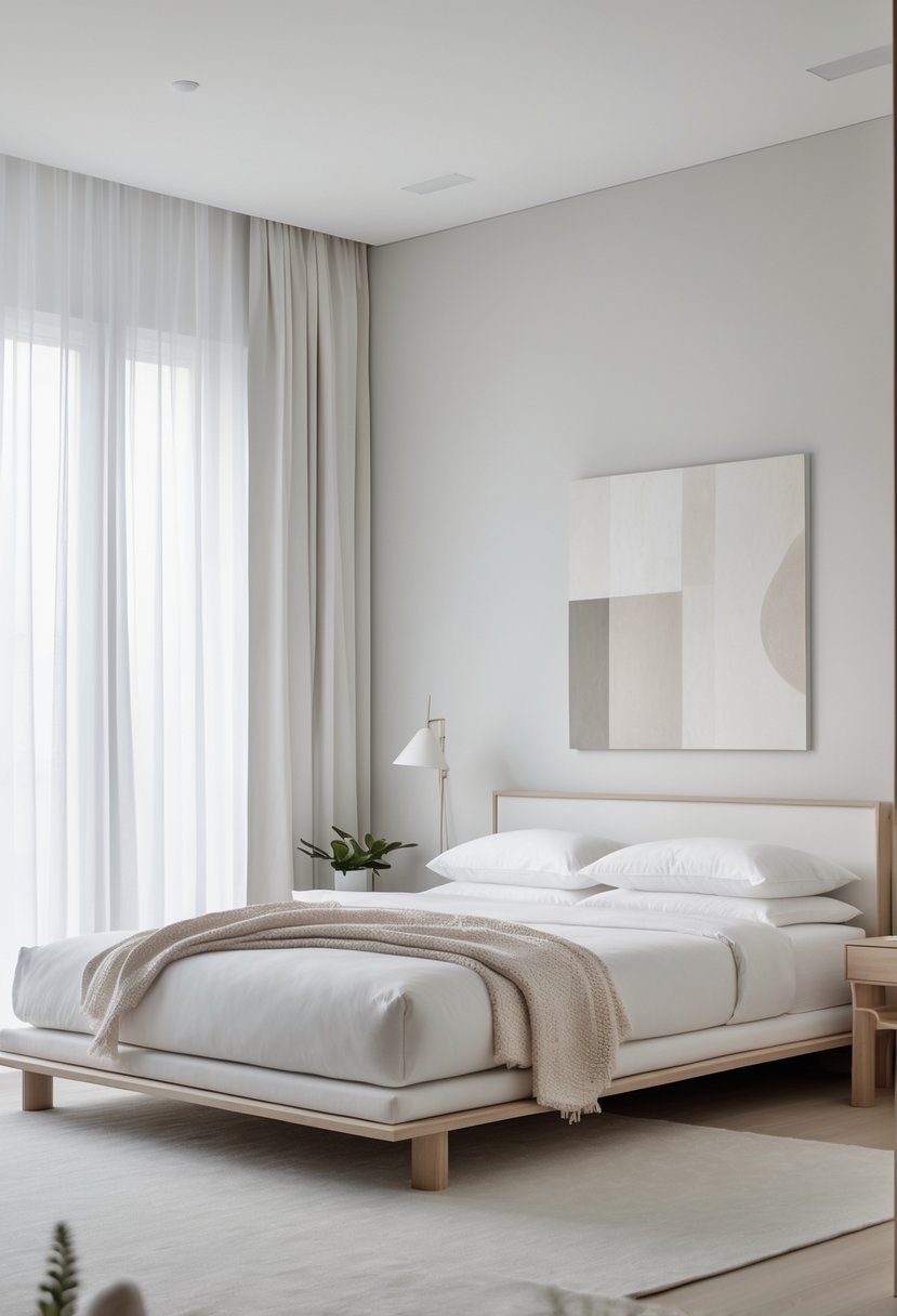 A clean and simple bedroom with a bed, nightstand, lamp, plant, and natural light coming through sheer curtains.