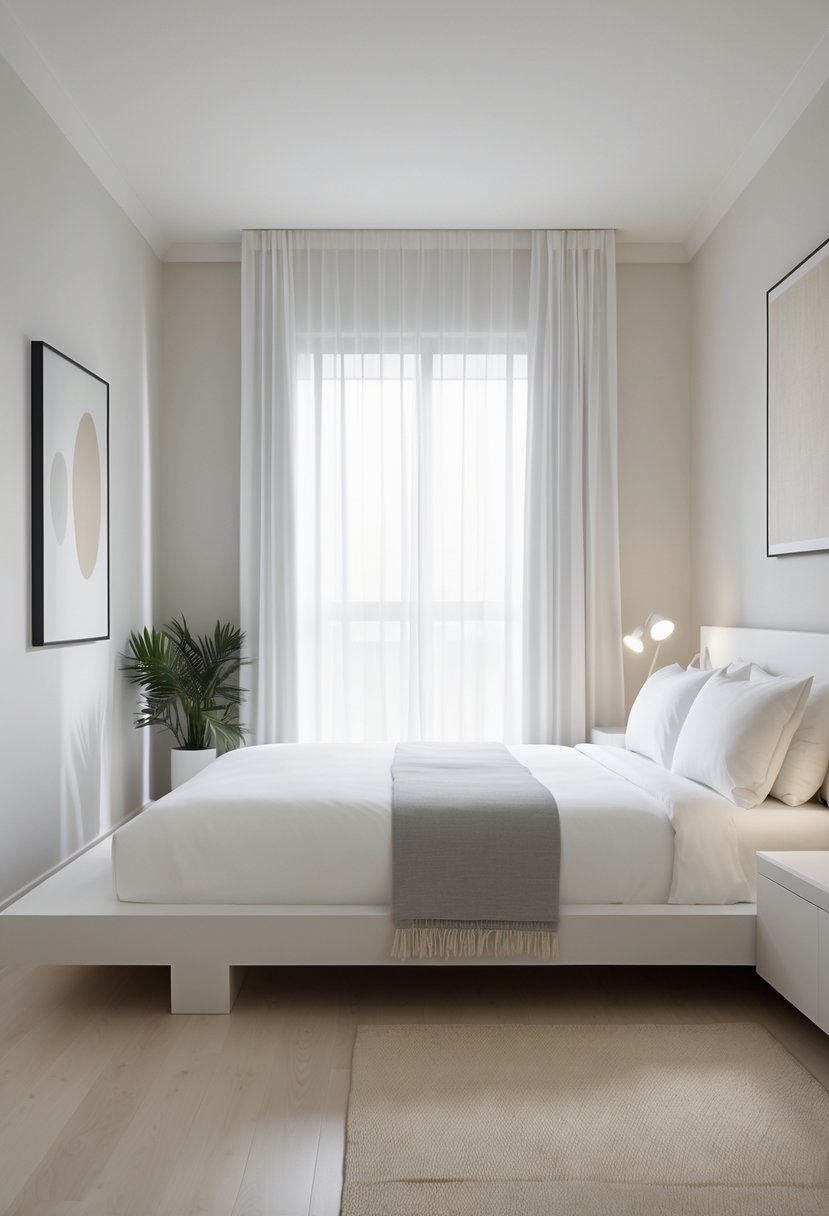 A clean and simple bedroom with a low bed, white bedding, two bedside tables with lamps, a window with sheer curtains, a small rug, and a green plant in the corner.