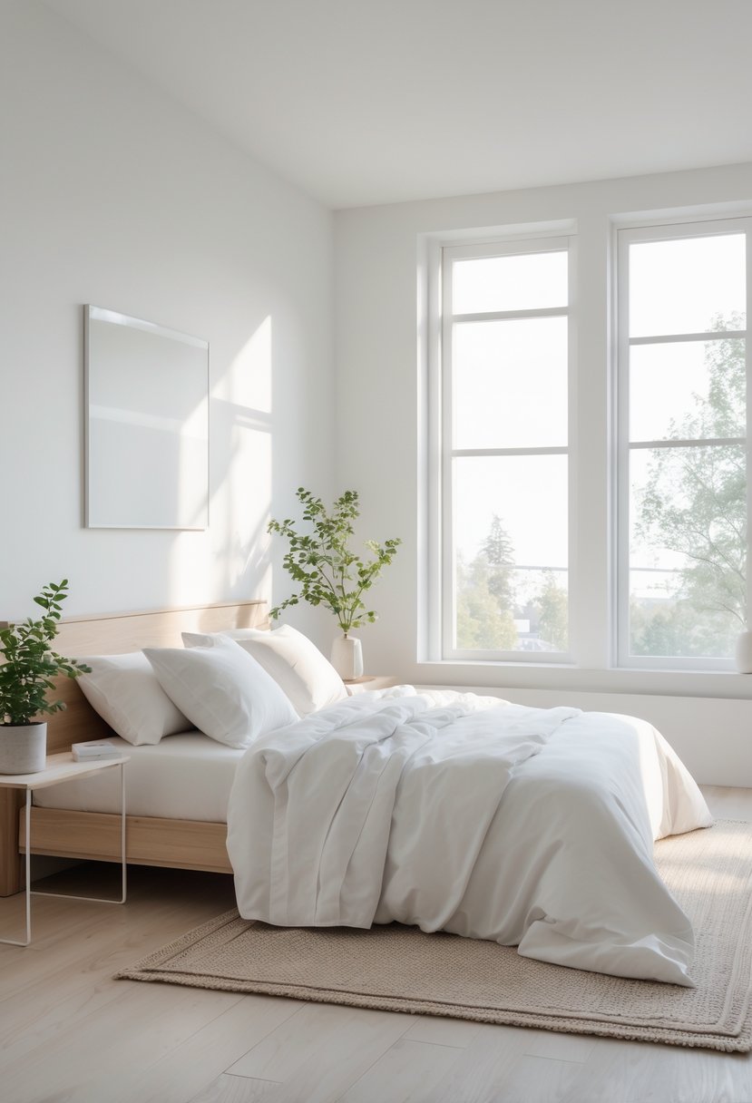 A bright bedroom with a neatly made bed, wooden headboard, bedside table with a small plant, and natural light coming through large windows.