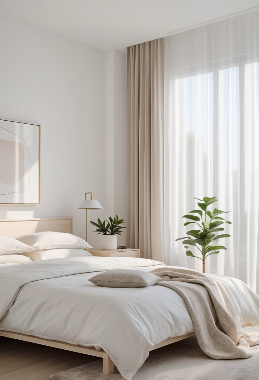 A clean and tidy bedroom with a made bed, bedside table with a plant and lamp, and natural light coming through a window.