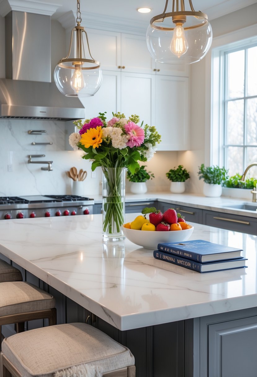 A modern kitchen with a decorated kitchen island featuring flowers, fruit bowl, cookbooks, and bar stools.