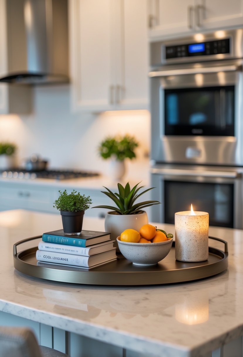 A kitchen island with a decorative tray holding a plant, cookbooks, a bowl of fruit, and a candle.