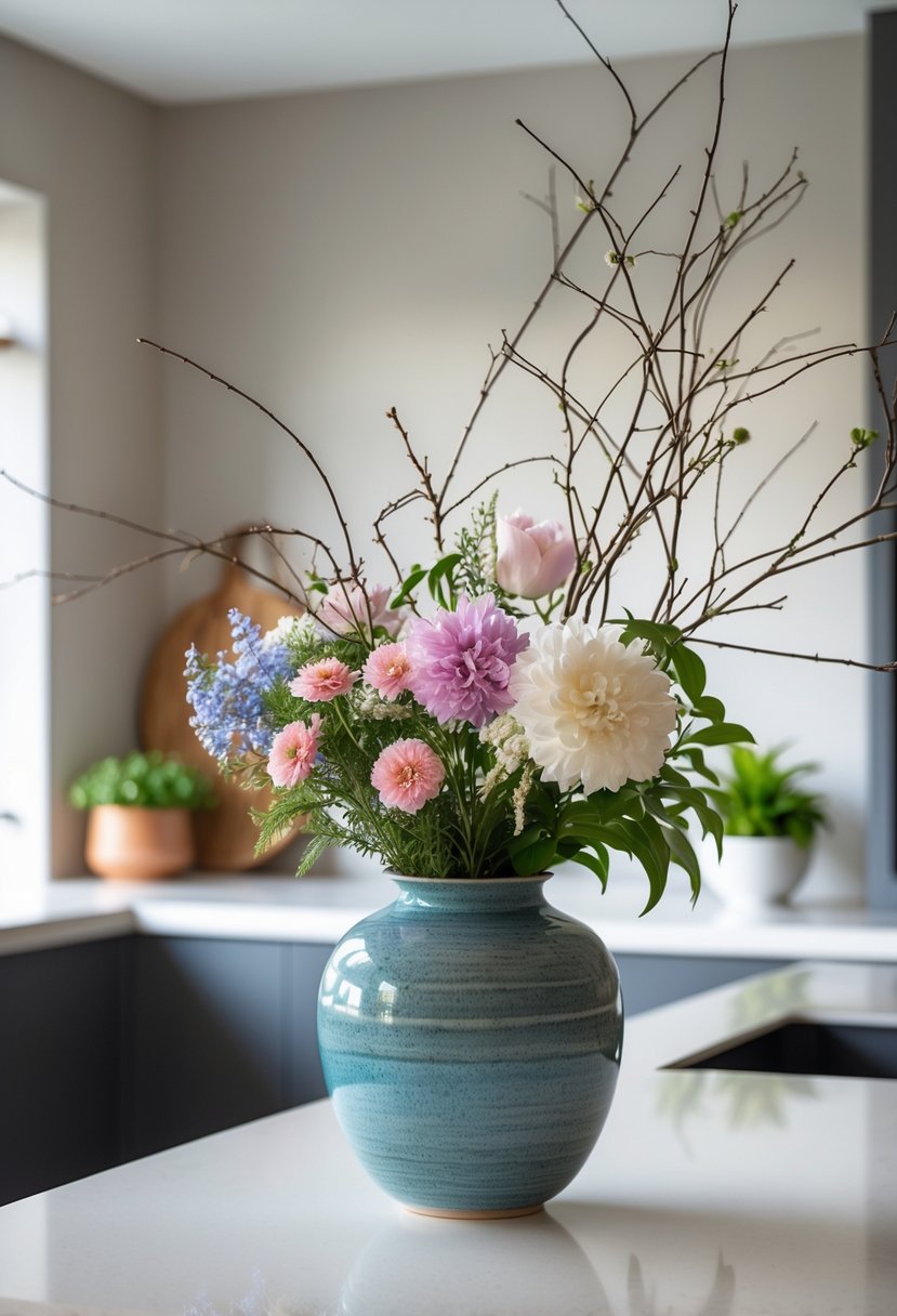 A kitchen island with a vase of fresh flowers and branches placed on the countertop.