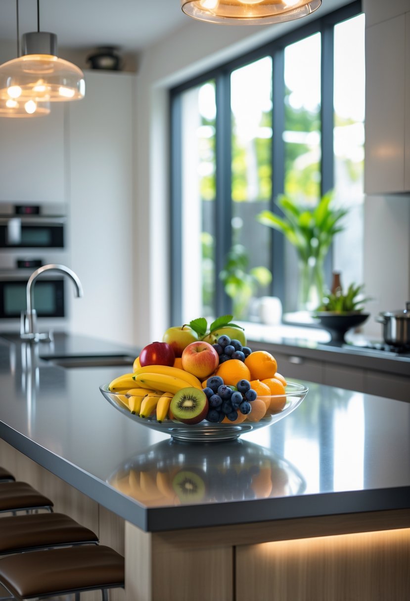 A kitchen island with a stylish fruit bowl filled with colorful fruits in a bright and tidy kitchen.