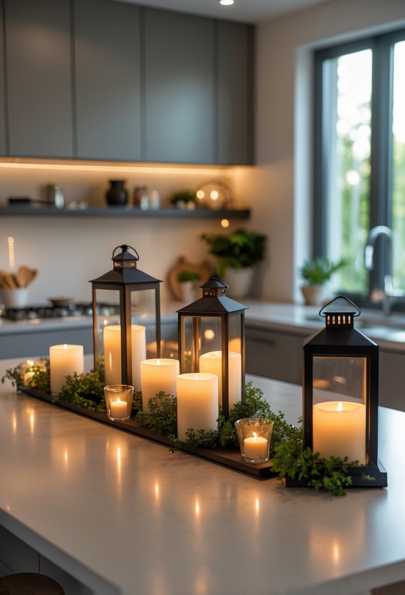 A modern kitchen island decorated with candles and lanterns creating warm, ambient lighting in a clean and inviting kitchen.