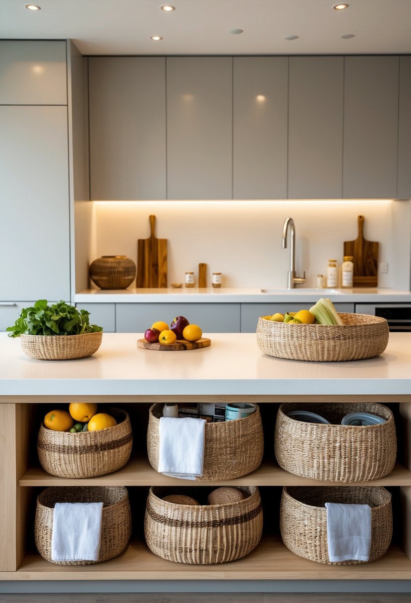 A kitchen island with woven baskets used for storage, holding fruits and kitchen items in a bright and organized kitchen.