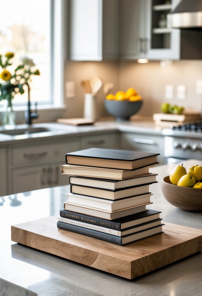 A kitchen island with a small stack of books or magazines, decorated with a vase of flowers and a bowl of fruit in a bright, modern kitchen.
