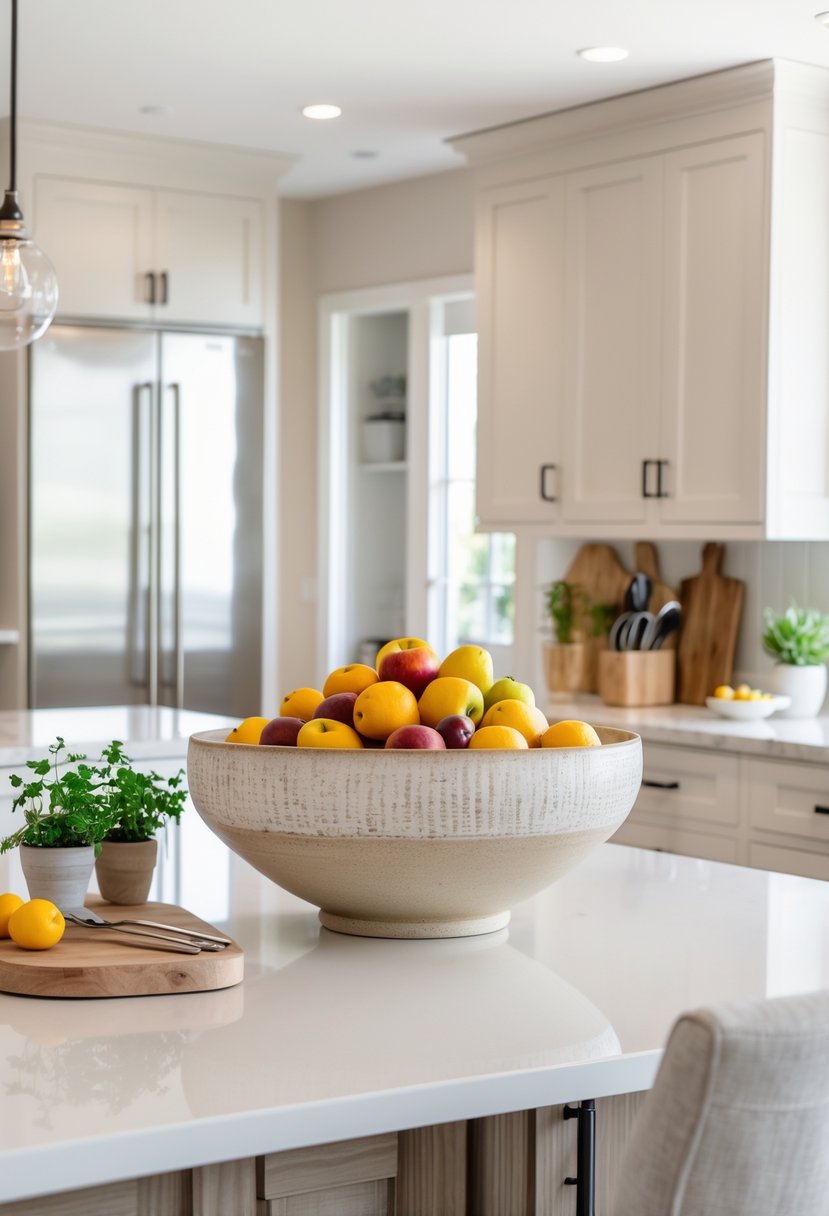 A modern kitchen island with a large ceramic bowl filled with fresh fruit as the centerpiece, surrounded by small potted herbs and kitchen utensils.
