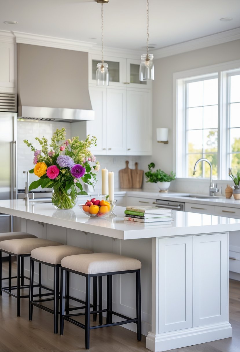A modern kitchen with a large kitchen island decorated with fresh flowers, fruit, candles, and cookbooks, surrounded by bar stools and stainless steel appliances.