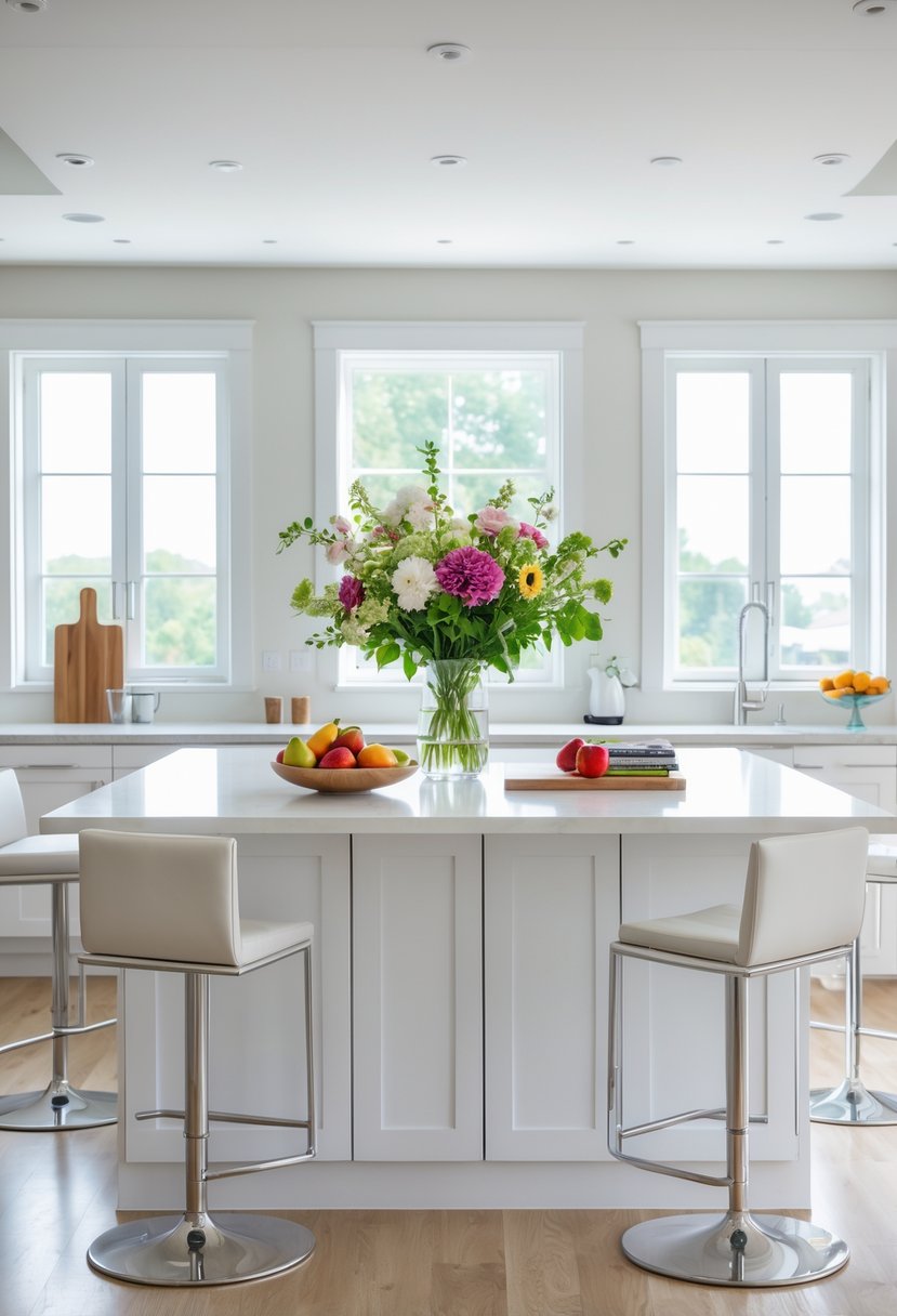 A modern kitchen with a clean and neatly decorated kitchen island featuring fresh flowers, fruit bowl, and kitchen accessories under natural light.