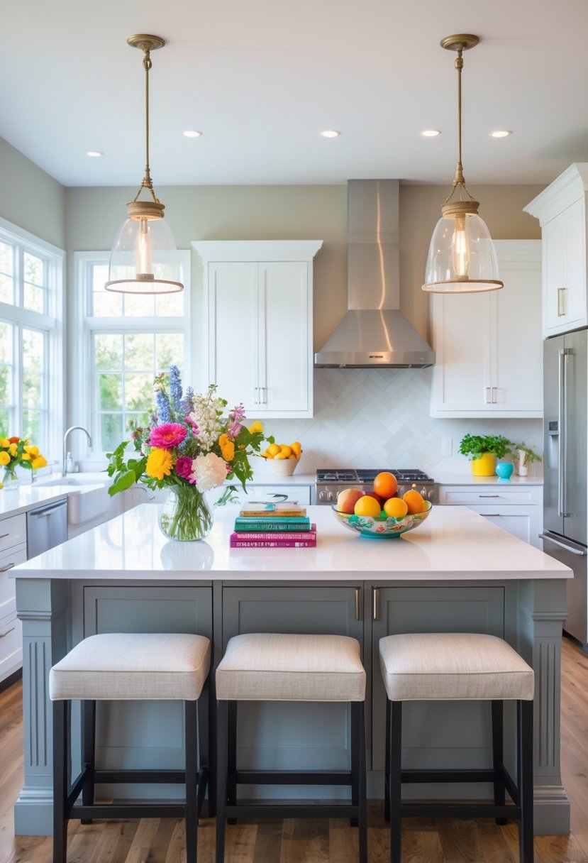 A modern kitchen with a decorated island featuring flowers, fruit bowl, cookbooks, pendant lights, and stools.